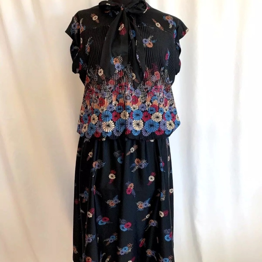 Vintage 1970s Black Floral Blouson Midi Dress - Size Medium